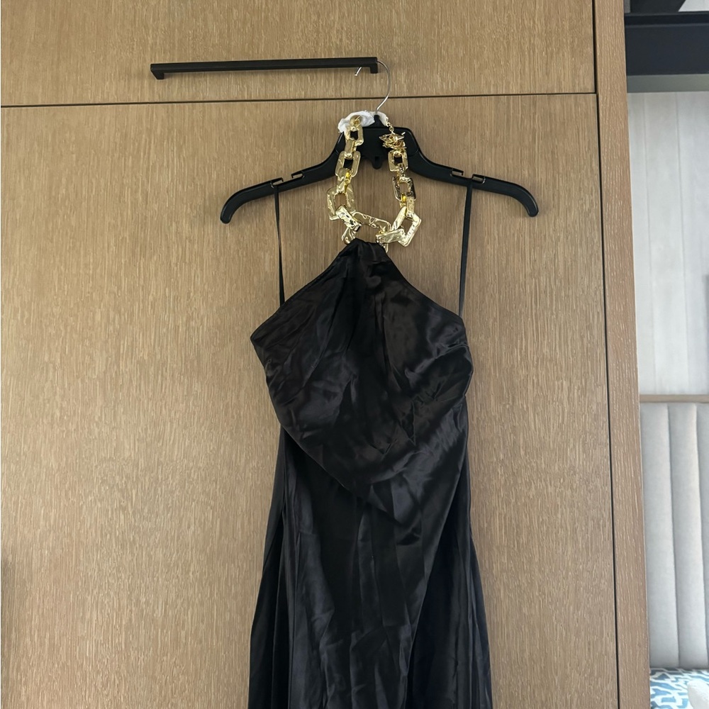 STAUD Francoise Chain Necklace Dress in Black Satin S